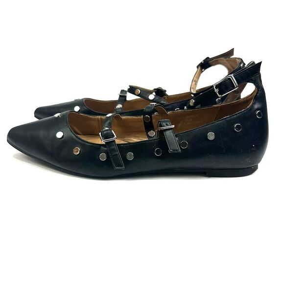 Topshop Women's Black Silver Studded Pointy Toe Strappy Flats Sz 5/38 - Picture 4 of 13